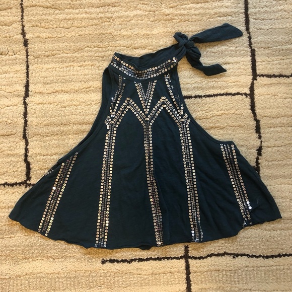 Free People Turquoise Glitter City Tie Neck Tank Top Size Small-Like New - Picture 4 of 4